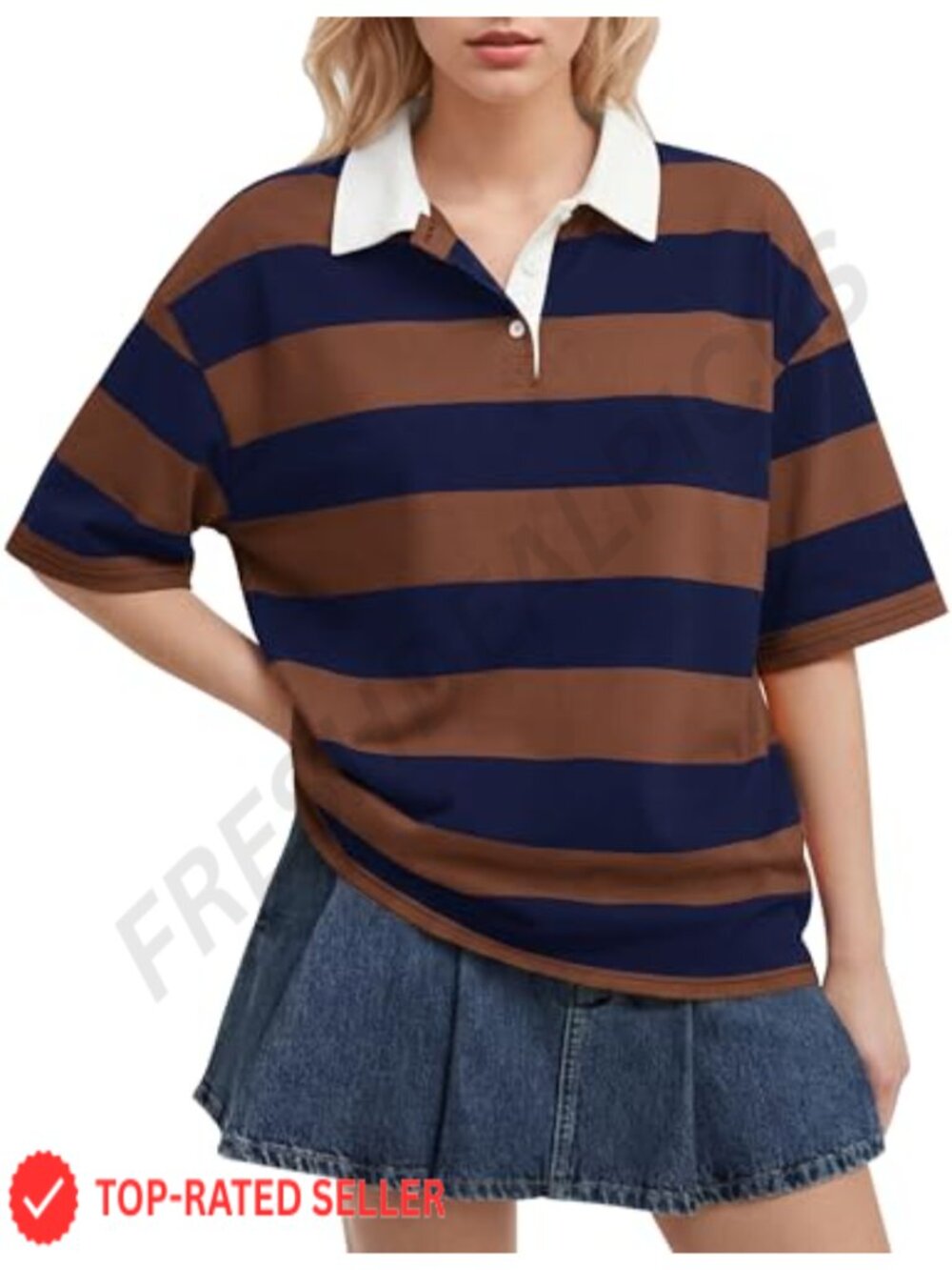 Women's Striped Rugby Shirt V Neck Polo Short Sleeve Oversized Y2K Streetwear